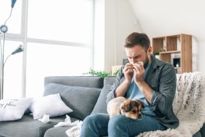 Man suffering from pet allergy at home.